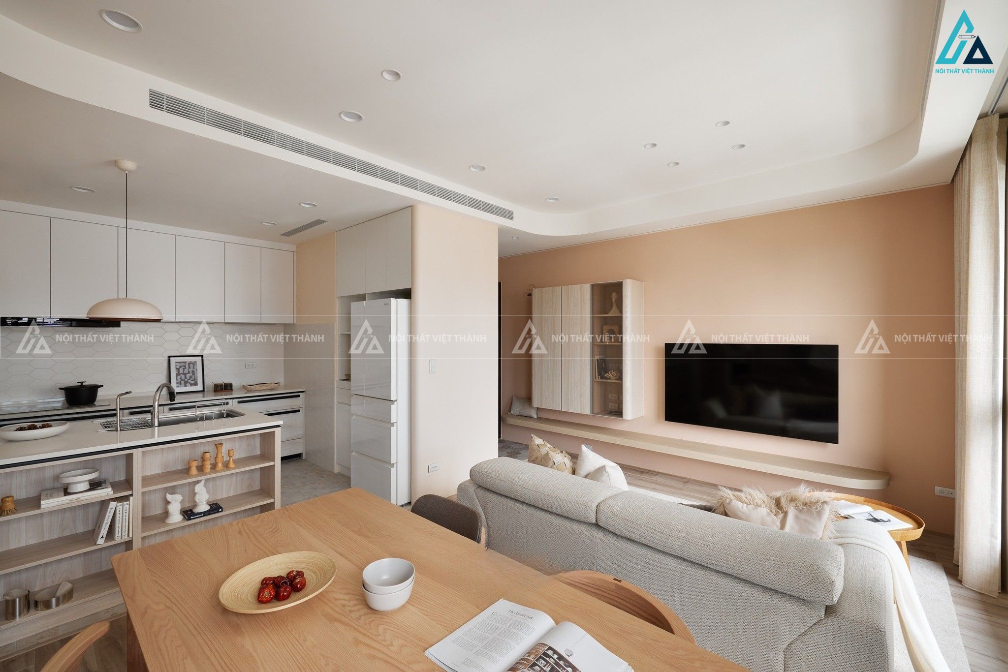 Phòng khách chung cư hiện đại với sofa vải nỉ