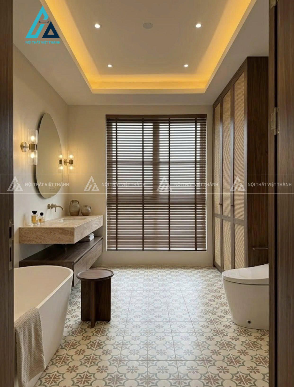 Phòng tắm với bồn tắm nằm lát sàn gạch bông cổ điển