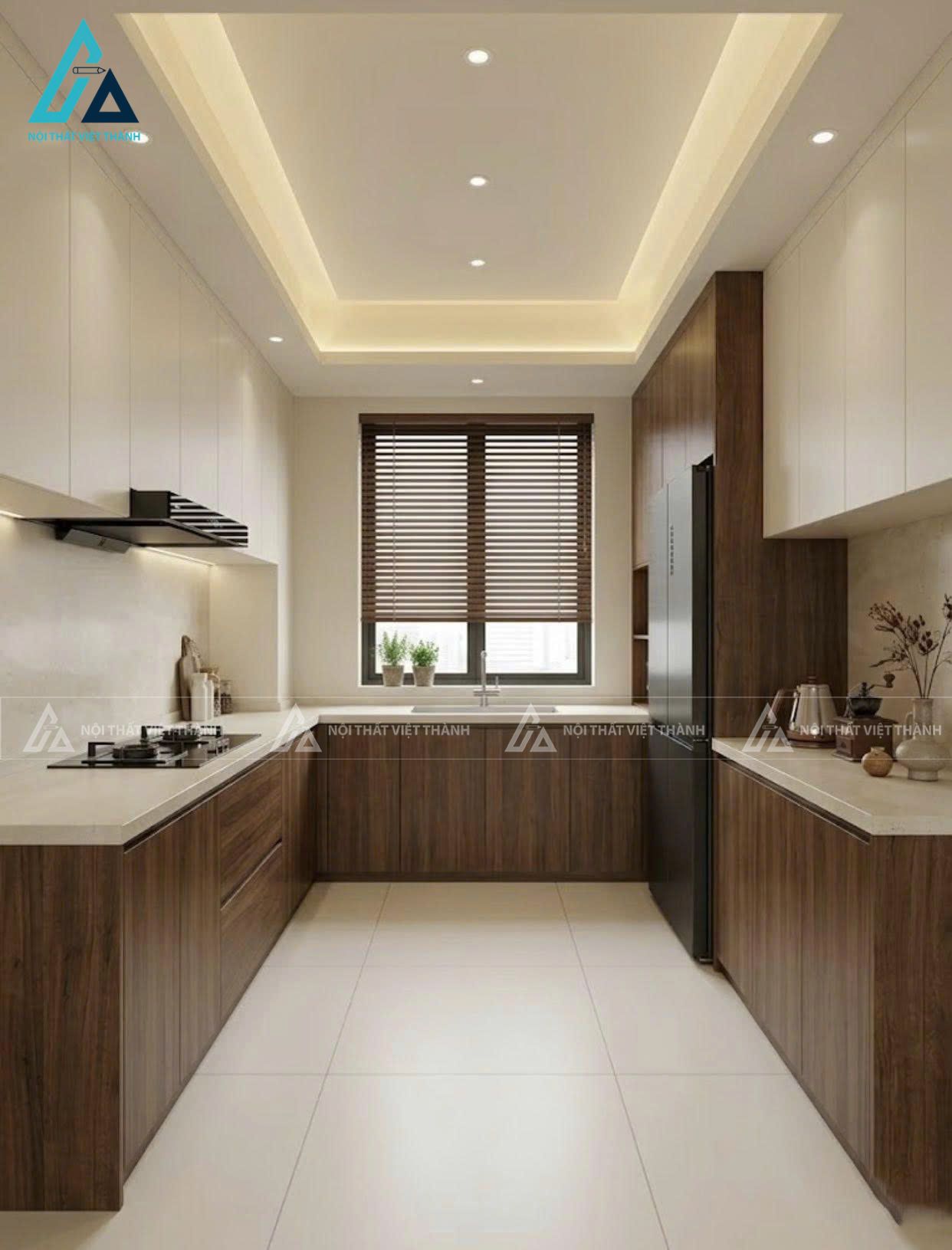 Tủ bếp dáng chữ U kịch trần phối màu trắng kem