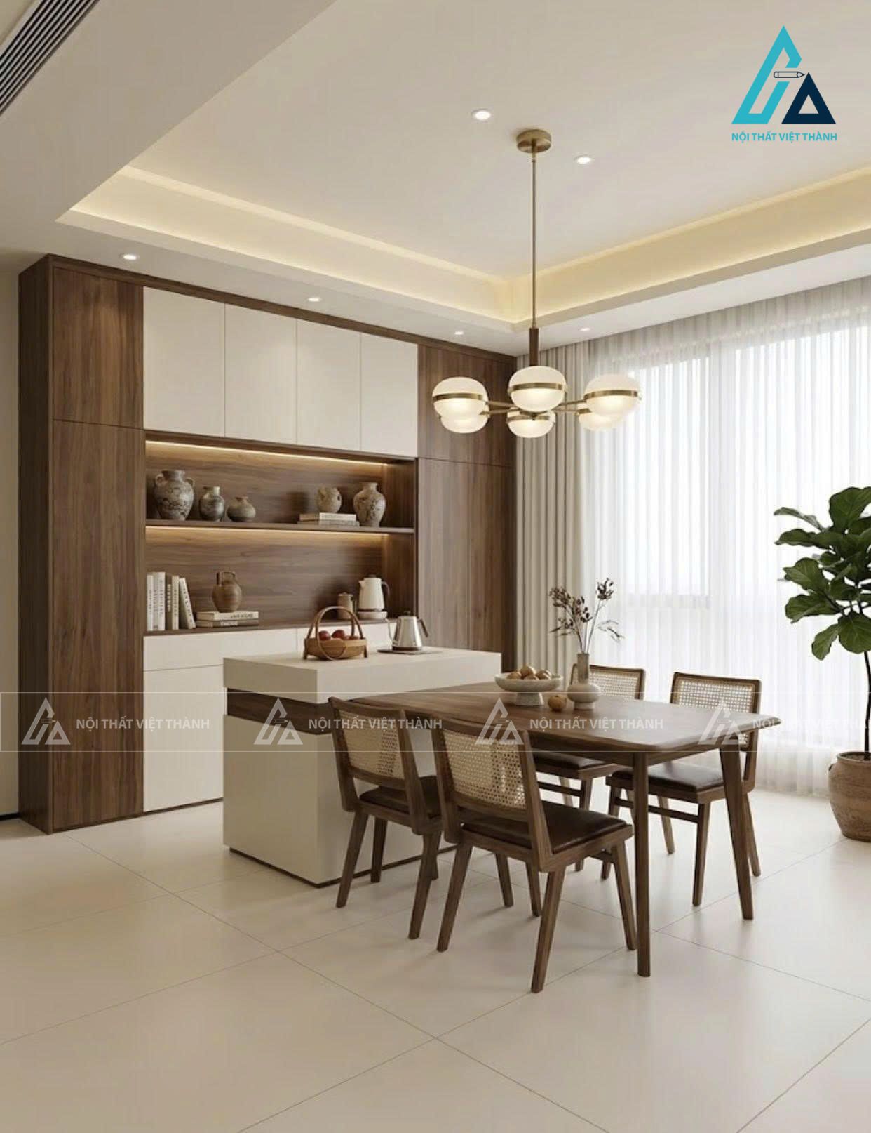 Phòng ăn hiện đại với bộ bàn ghế ăn bằng gỗ