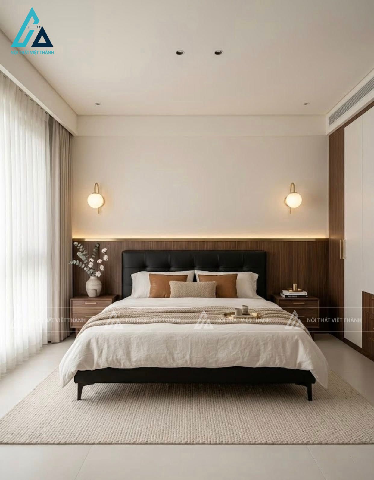 Nội thất phòng ngủ với giường ngủ bọc da