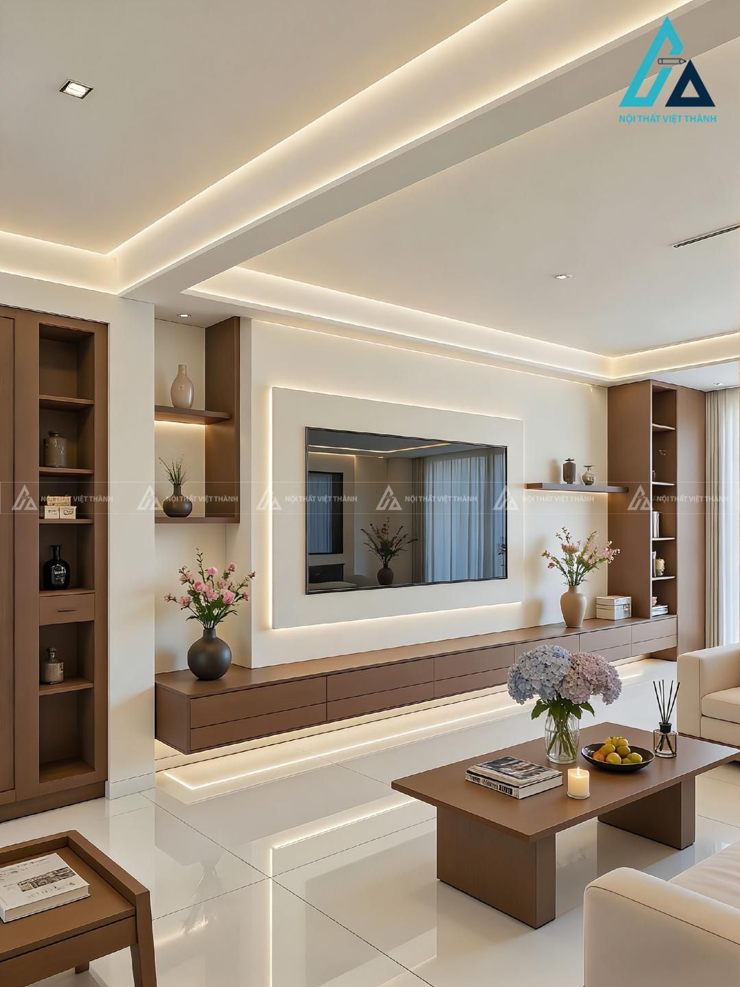 Mẫu thiết kế nội thất phòng khách với nội thất gỗ hài hoà