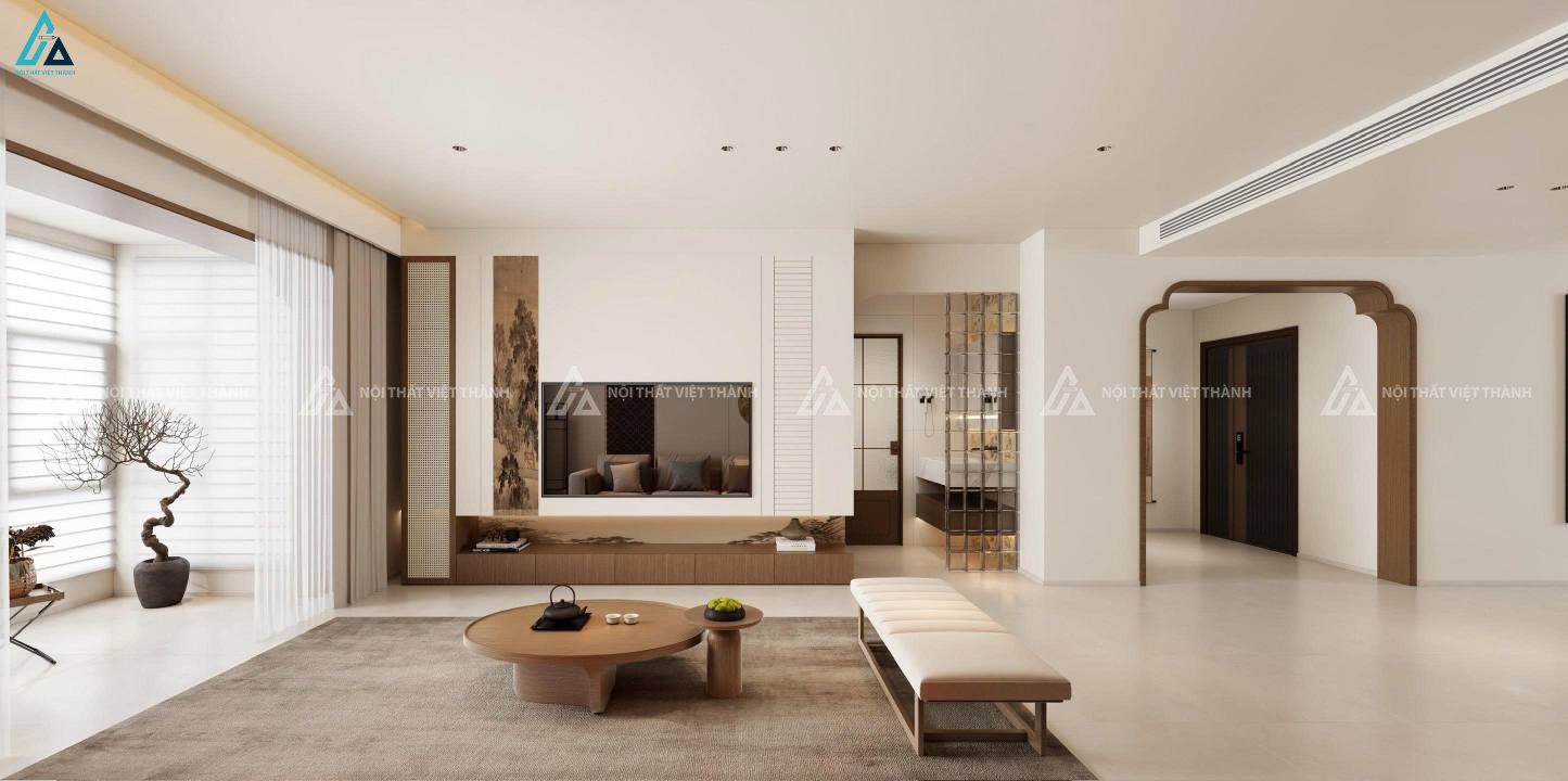 Mẫu thiết kế nội thất phòng khách màu trắng nâu tối giản, nhẹ nhàng