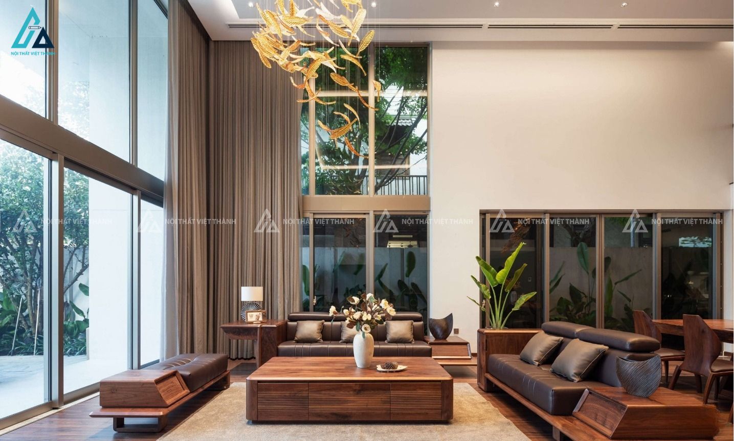 Mẫu thiết kế nội thất phòng khách với nội thất gỗ hài hoà, thanh lịch