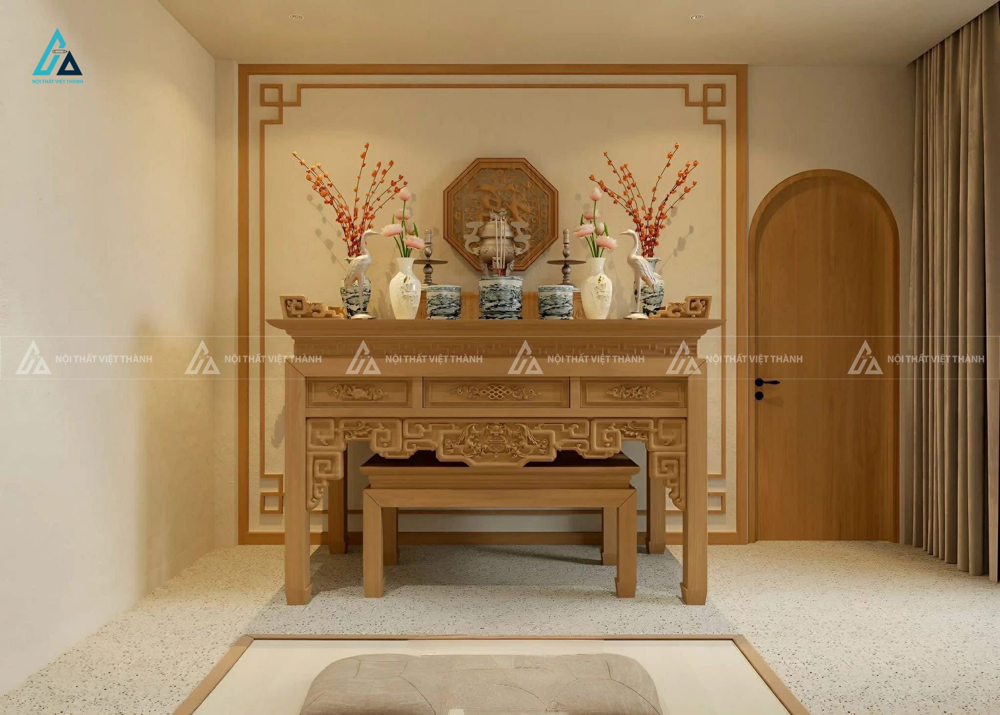 Mẫu thiết kế nội thất phòng thờ gỗ vàng tinh xảo