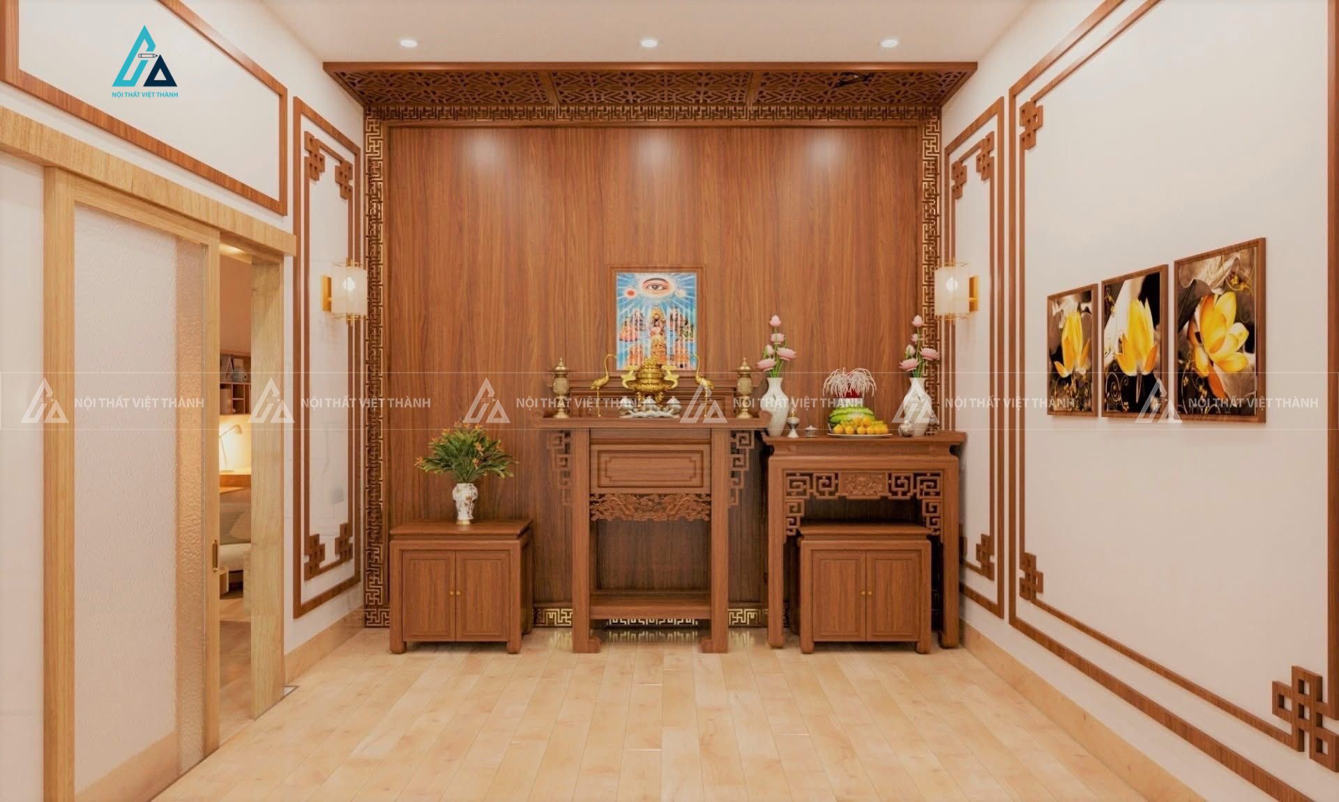 Mẫu thiết kế nội thất phòng thờ gỗ nâu vàng có vách CNC trên trần