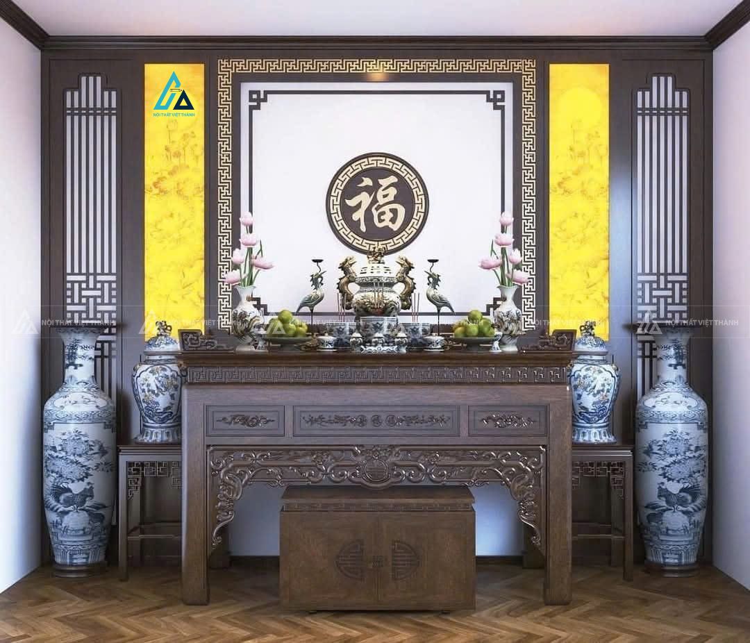 Mẫu thiết kế nội thất phòng thờ gỗ xám có vách âm trang trí kết hợp đèn led