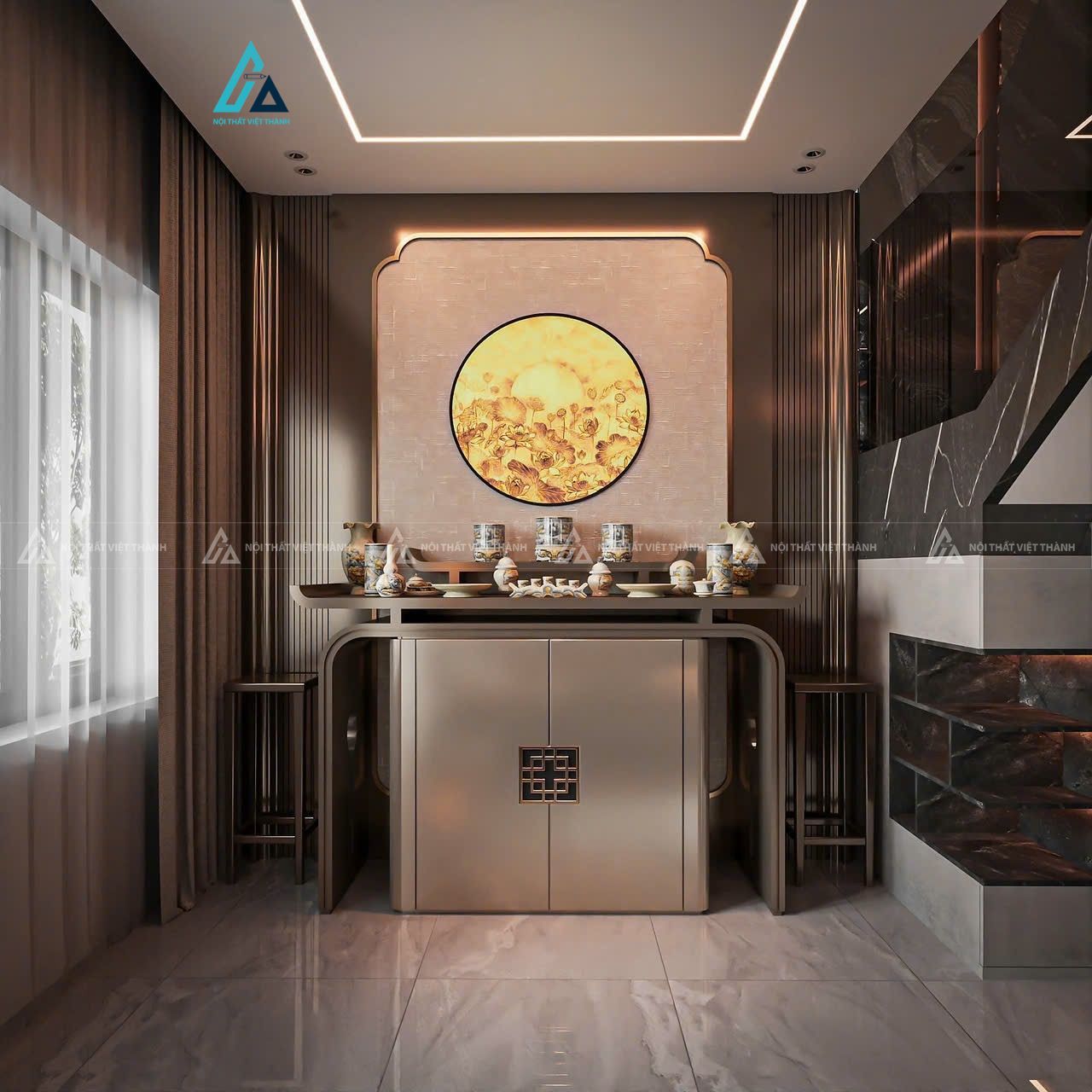Mẫu thiết kế nội thất phòng thờ kết hợp đèn led hiện đại