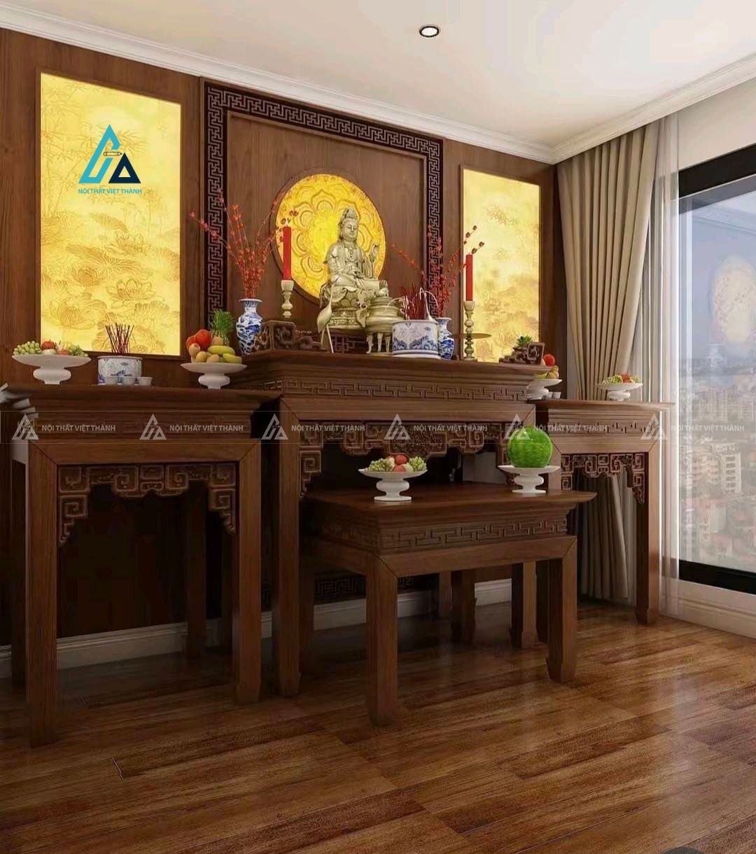 Mẫu thiết kế nội thất phòng thờ gỗ nâu trầm có kèm đèn led vàng ấm cúng