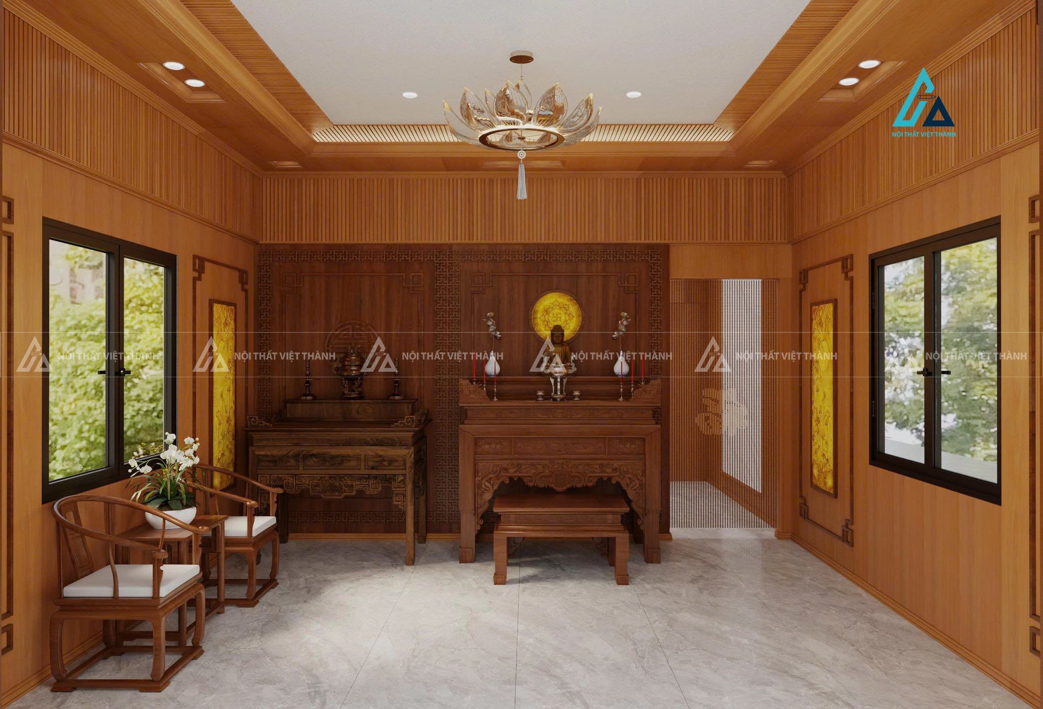 Mẫu thiết kế nội thất phòng thờ ốp full gỗ nâu vàng ấm cúng, trang nghiêm