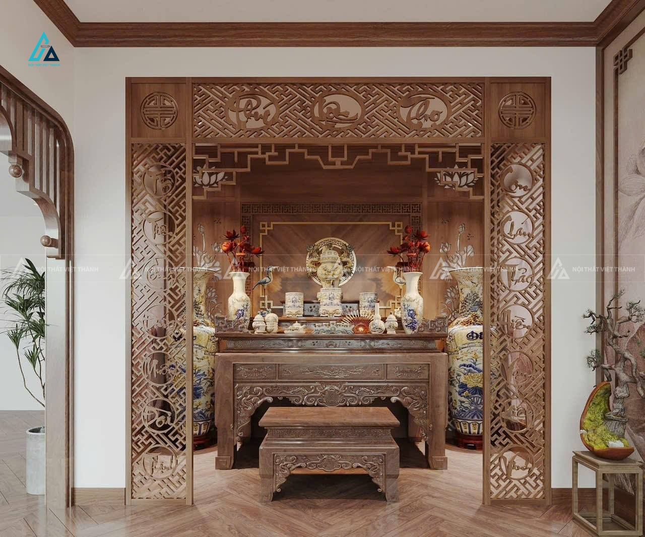 Mẫu thiết kế nội thất phòng thờ gôc nâu xám có vách ngăn Phúc- Lộc- Thọ