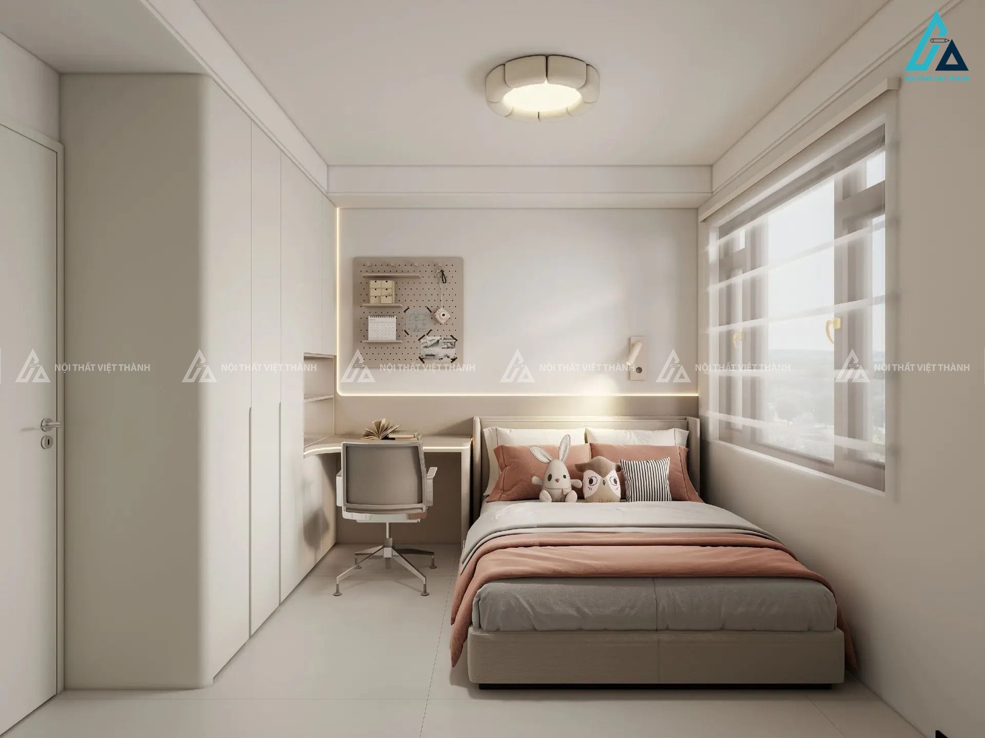 Mẫu thiết kế nội thất phòng trẻ em be cam nhẹ nhàng