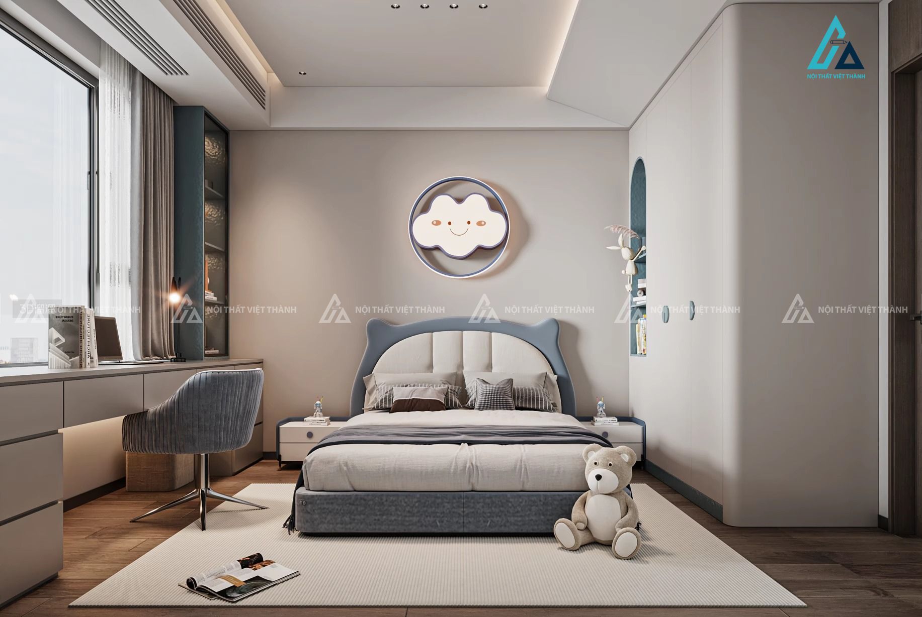 Mẫu thiết kế nội thất phòng trẻ em xám xanh dương đáng yêu