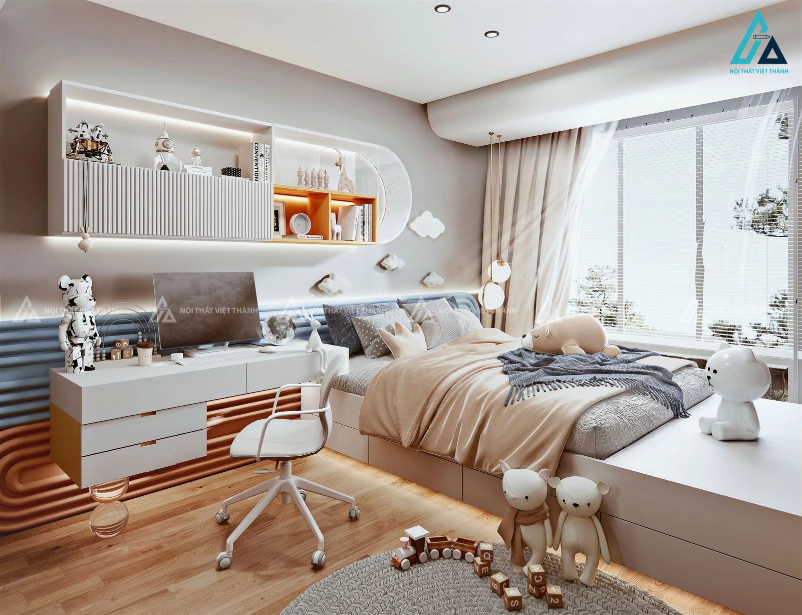Mẫu thiết kế nội thất phòng trẻ em trắng xanh hài hoà