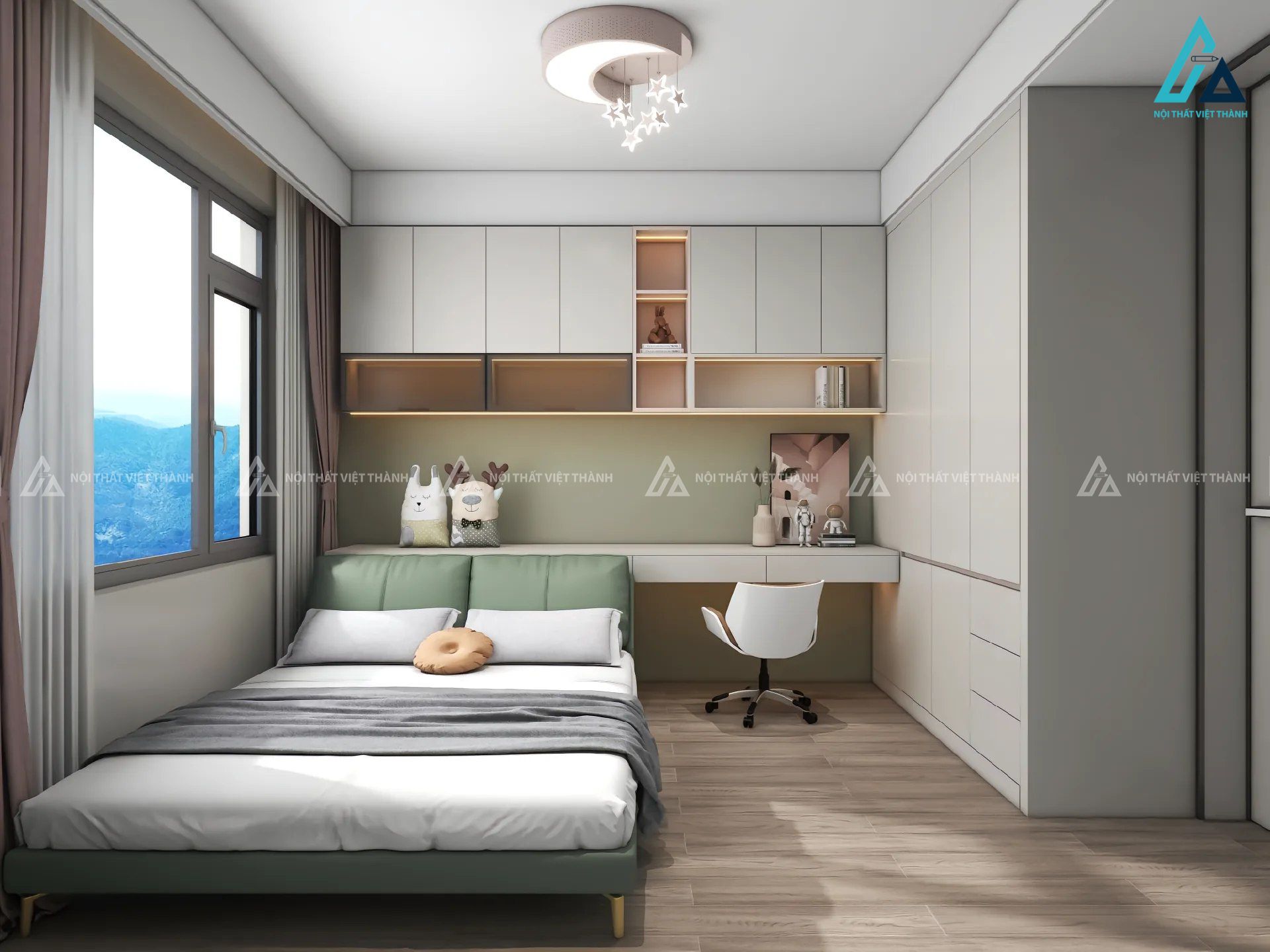 Mẫu thiết kế nội thất phòng trẻ em xanh trắng nhẹ nhàng