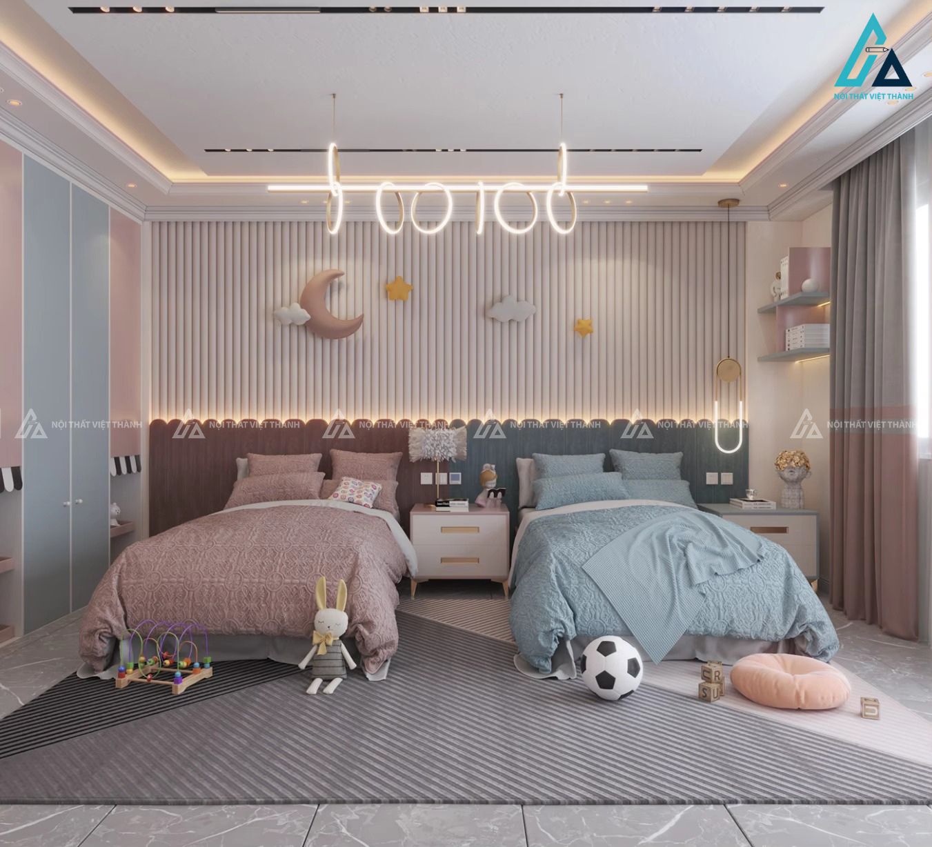 Mẫu thiết kế nội thất phòng trẻ em cho 2 bé giường đơn