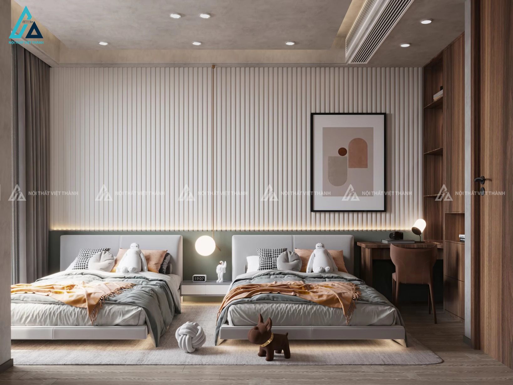 Mẫu thiết kế nội thất phòng trẻ em 2 giường lớn