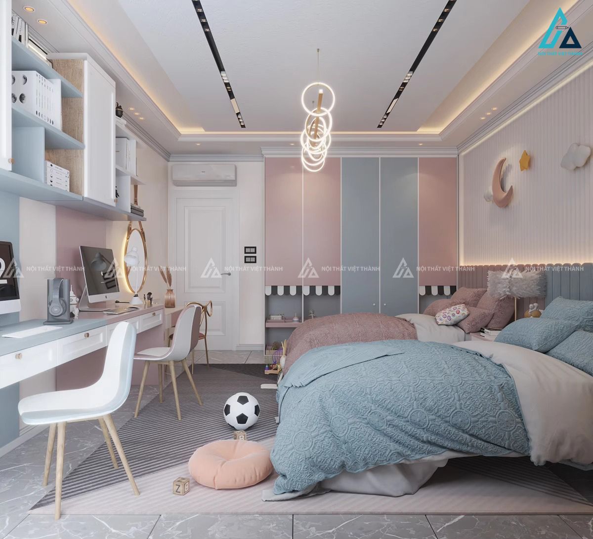 Mẫu thiết kế nội thất phòng trẻ em 2 giường hồng xanh