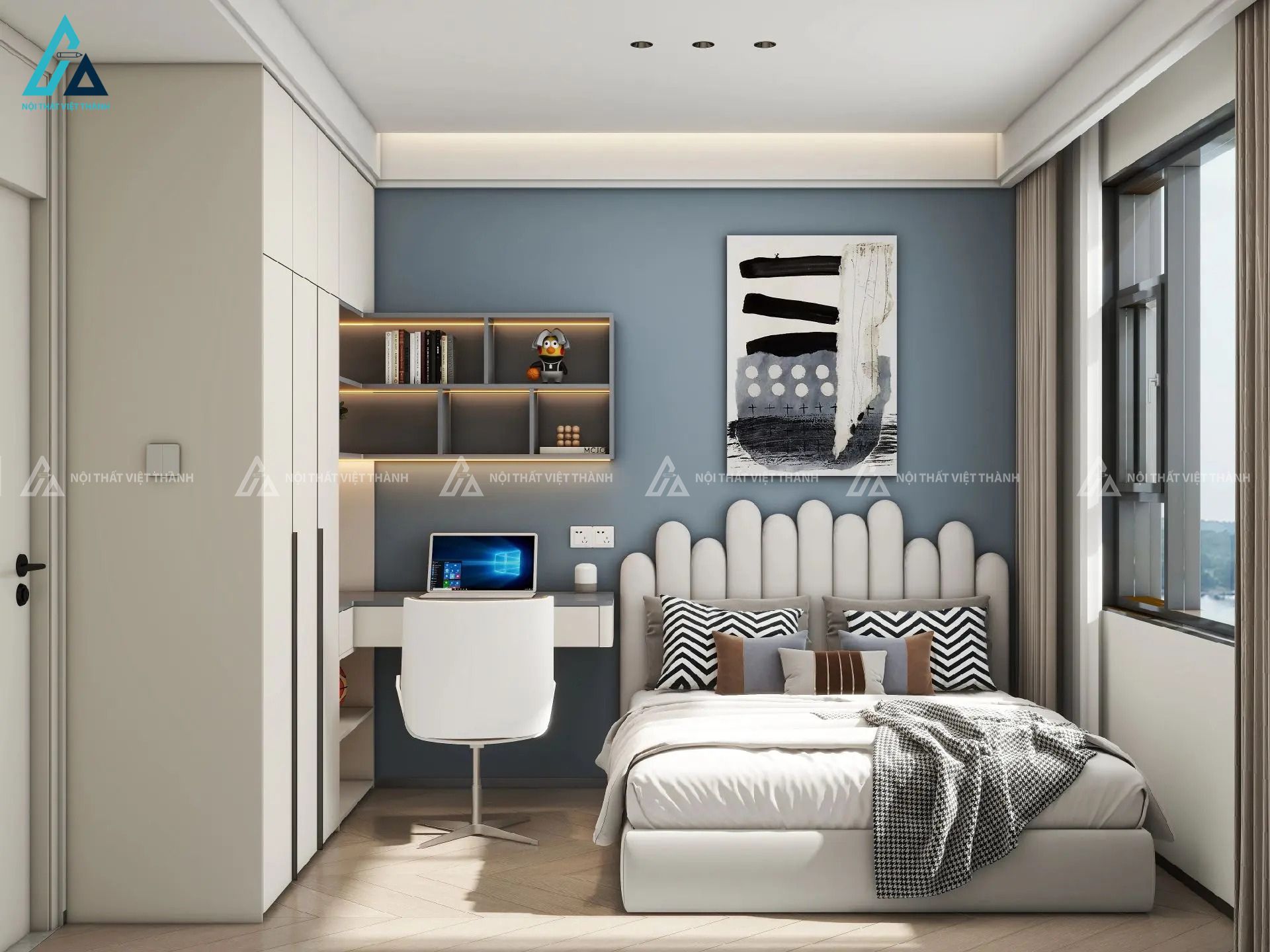 Mẫu thiết kế nội thất phòng trẻ em full nội thất trắng xanh