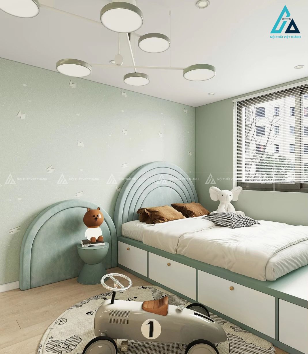 Mẫu thiết kế nội thất phòng trẻ em xanh lá tươi sáng