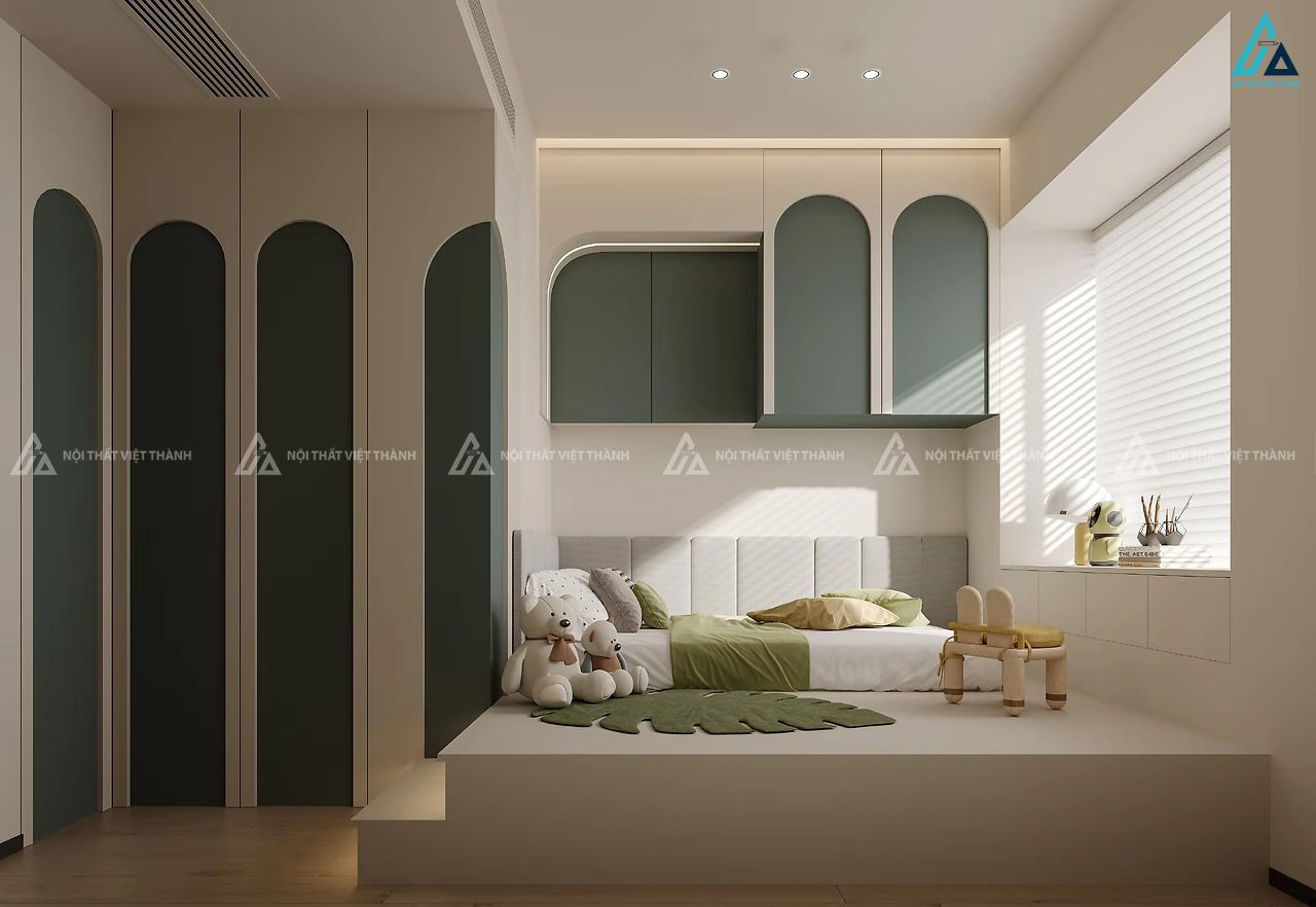 Mẫu thiết kế nội thất phòng trẻ em trắng xanh lá đậm