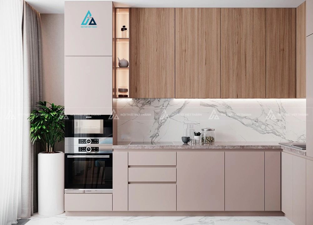Mẫu thiết kế tủ bếp vân gỗ nâu hồng kịch trần