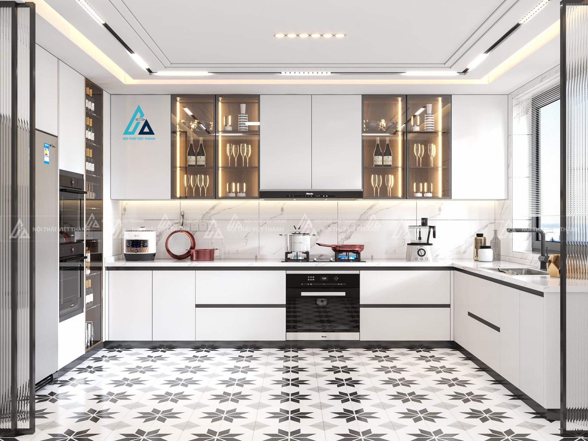 Mẫu thiết kế tủ bếp trắng chữ L phối kính