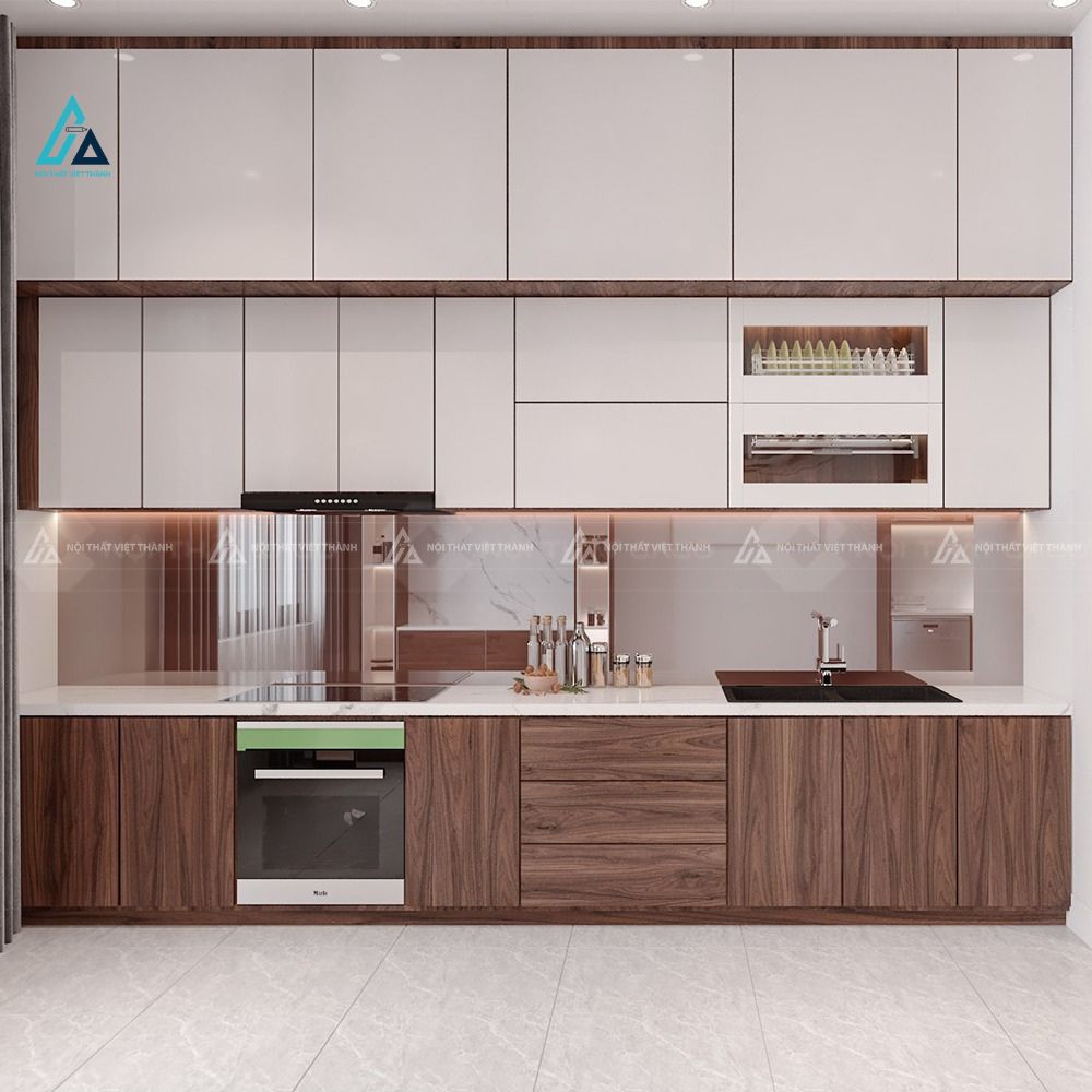 Mẫu thiết kế tủ bếp gỗ nâu trắng kịch trần