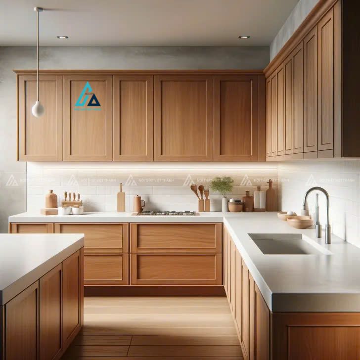 Mẫu thiết kế tủ bếp gỗ nâu mặt đá có đảo bếp