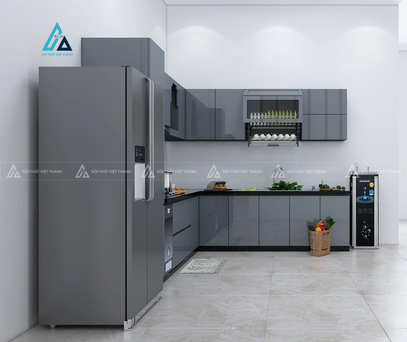 Mẫu thiết kế tủ bếp xám sáng bóng chữ L