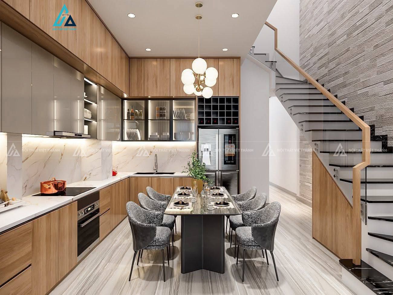 Mẫu thiết kế tủ bếp nâu xám kịch trần hiện đại