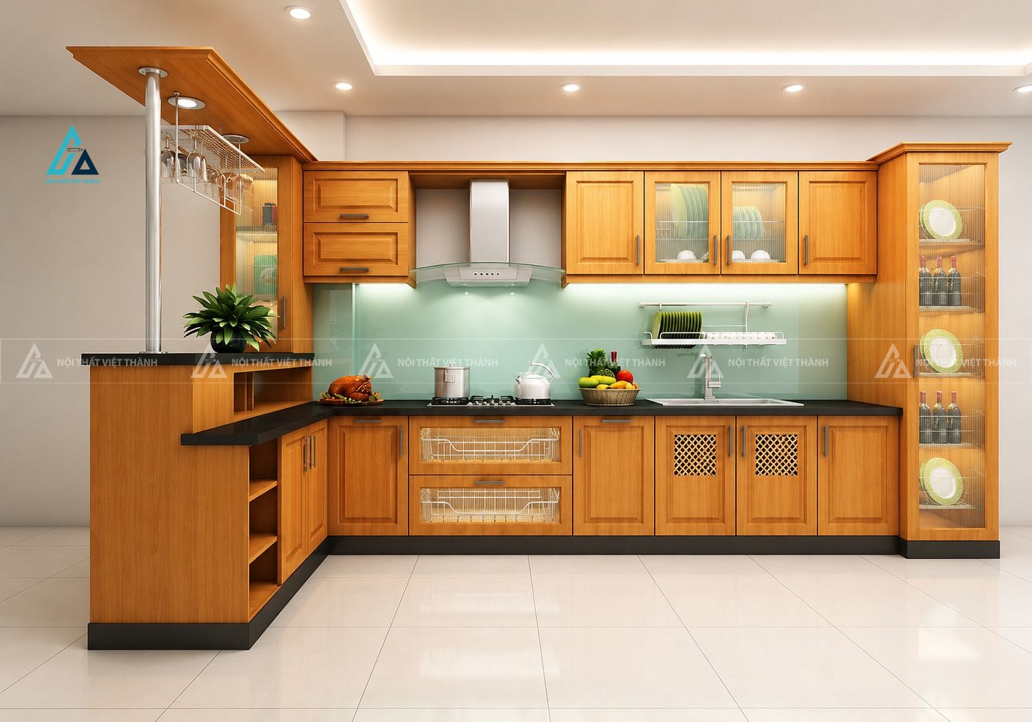 Mẫu thiết kế tủ bếp gỗ tự nhiên vàng có quầy bar
