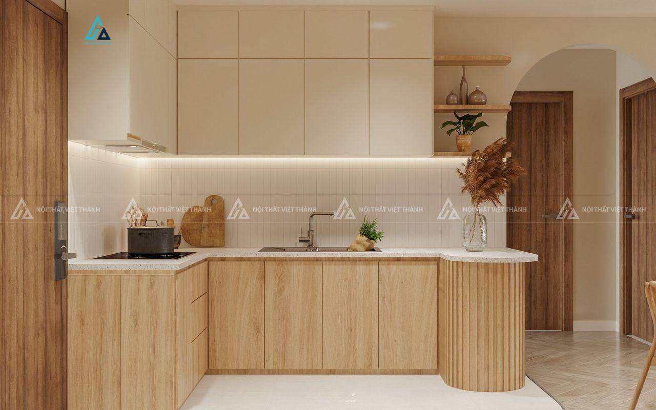 Mẫu thiết kế tủ bếp vân gỗ nâu trắng chữ L