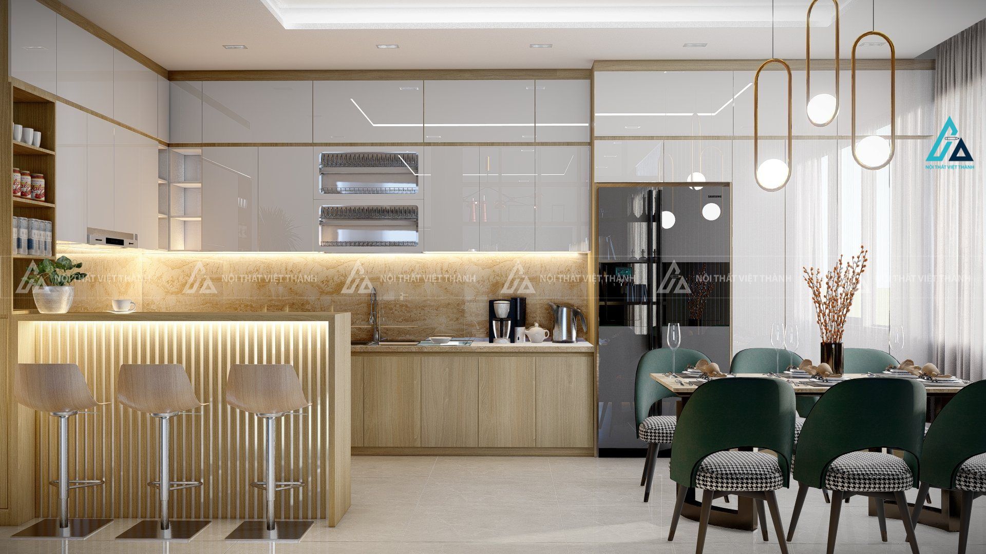 Mẫu thiết kế tủ bếp Acrylic trắng kịch trần phối với tủ dưới vân gỗ