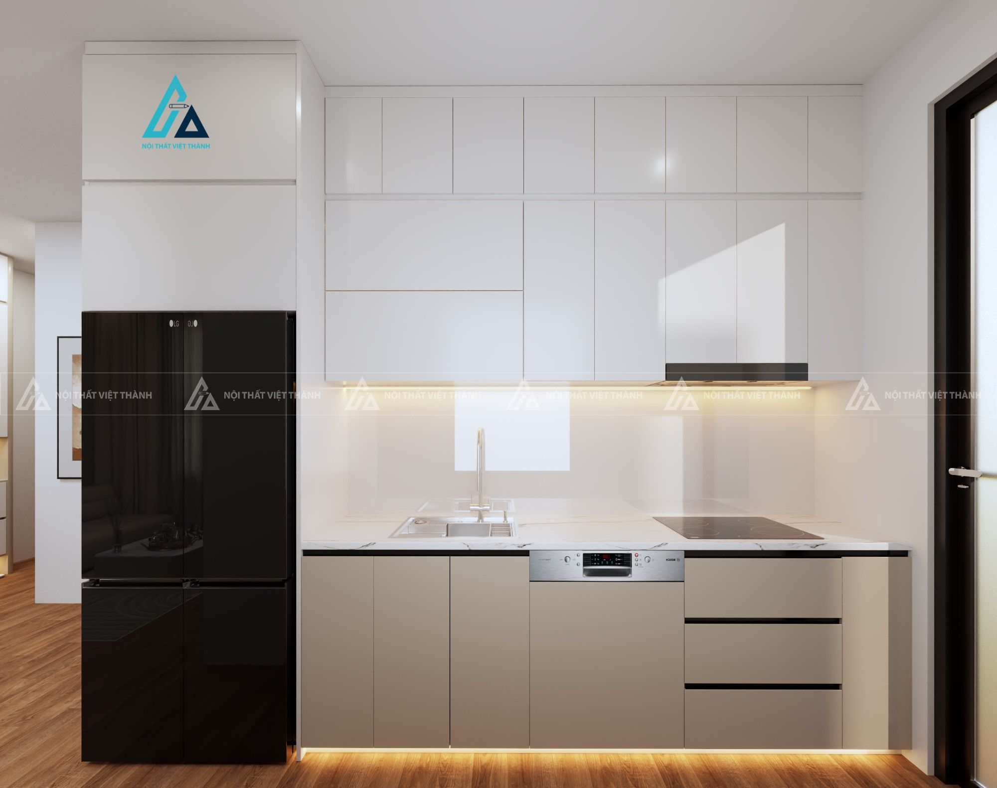 Mẫu thiết kế tủ bếp Acrylic trắng be chữ I