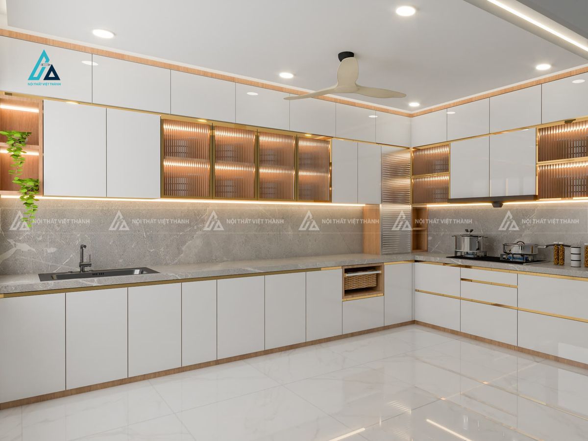 Mẫu thiết kế tủ bếp Acrylic trắng chữ L phối kính