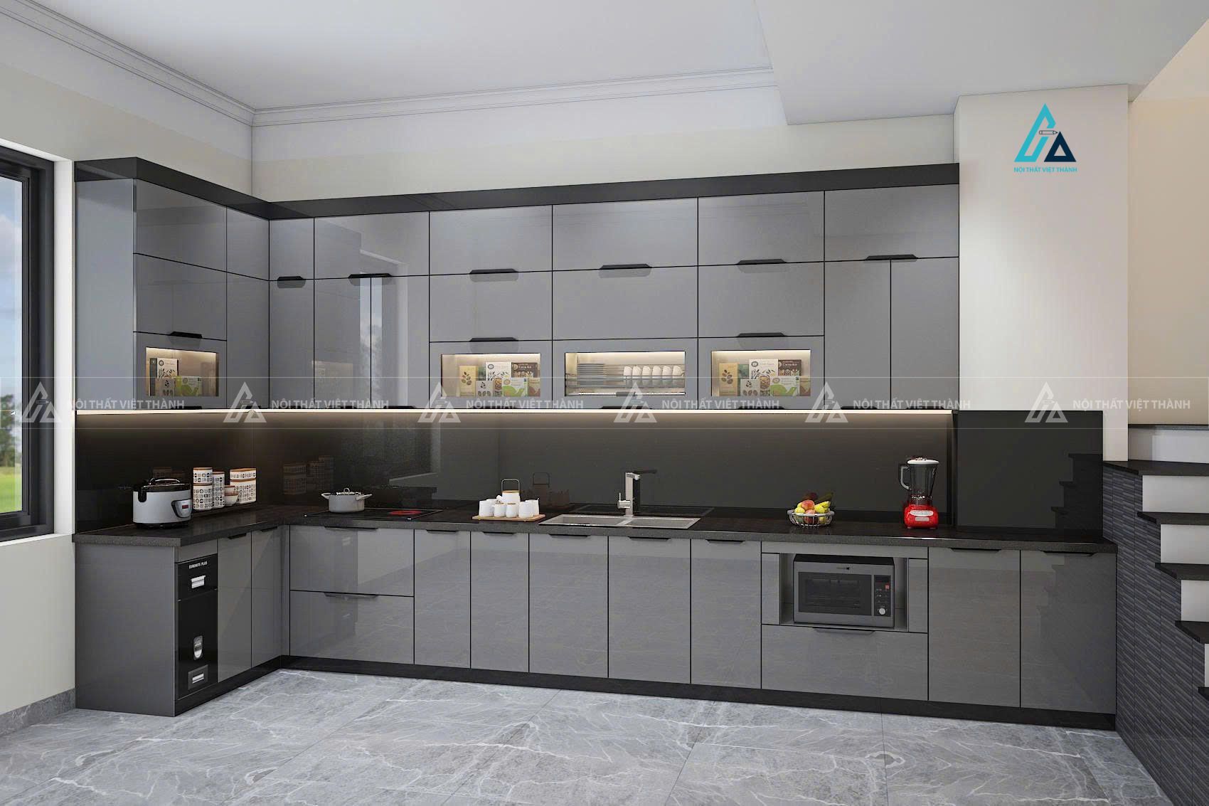 Mẫu thiết kế tủ bếp Acrylic xám chữ L phối kính