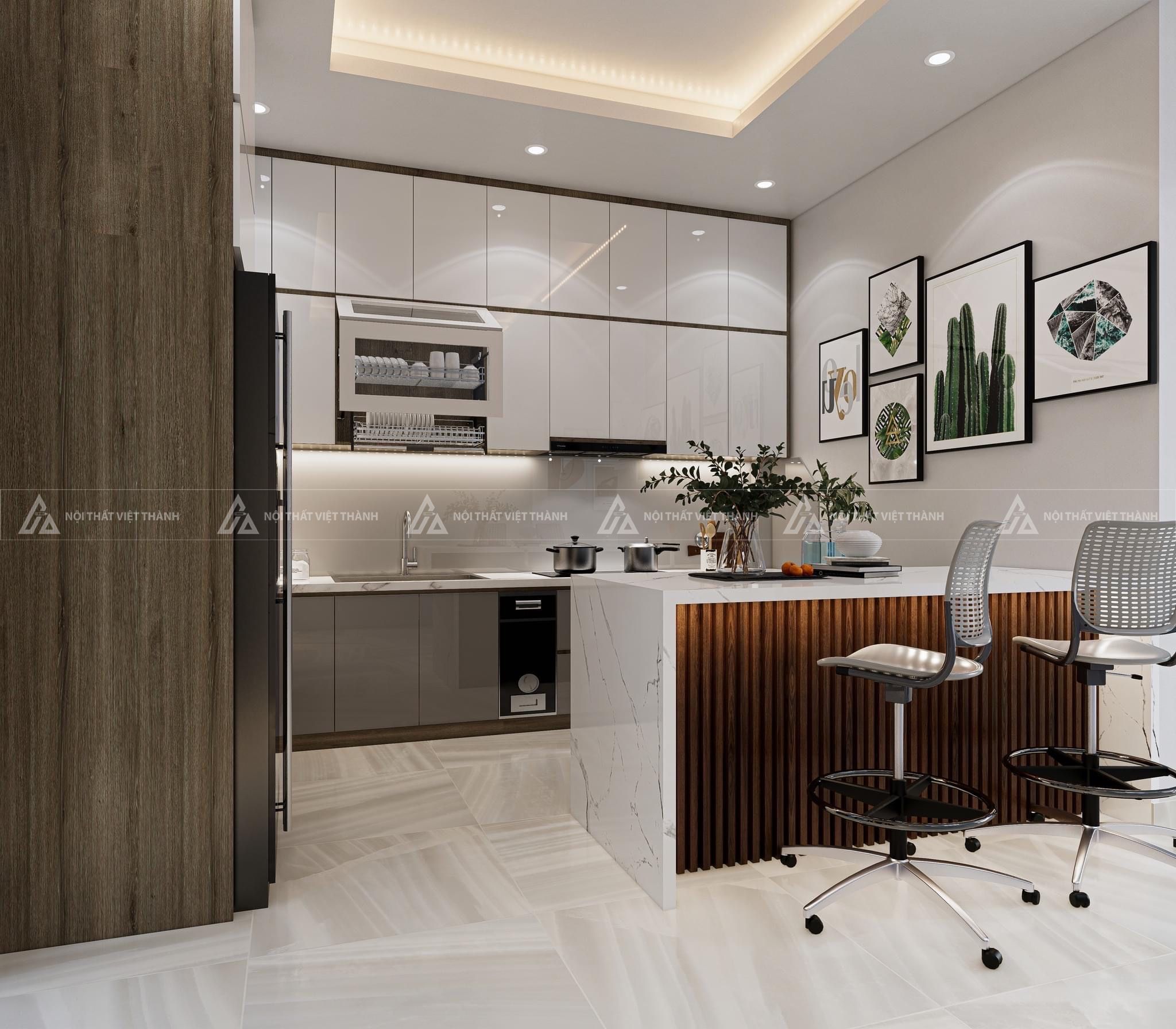 Mẫu thiết kế tủ bếp Acrylic xám trắng kịch trần