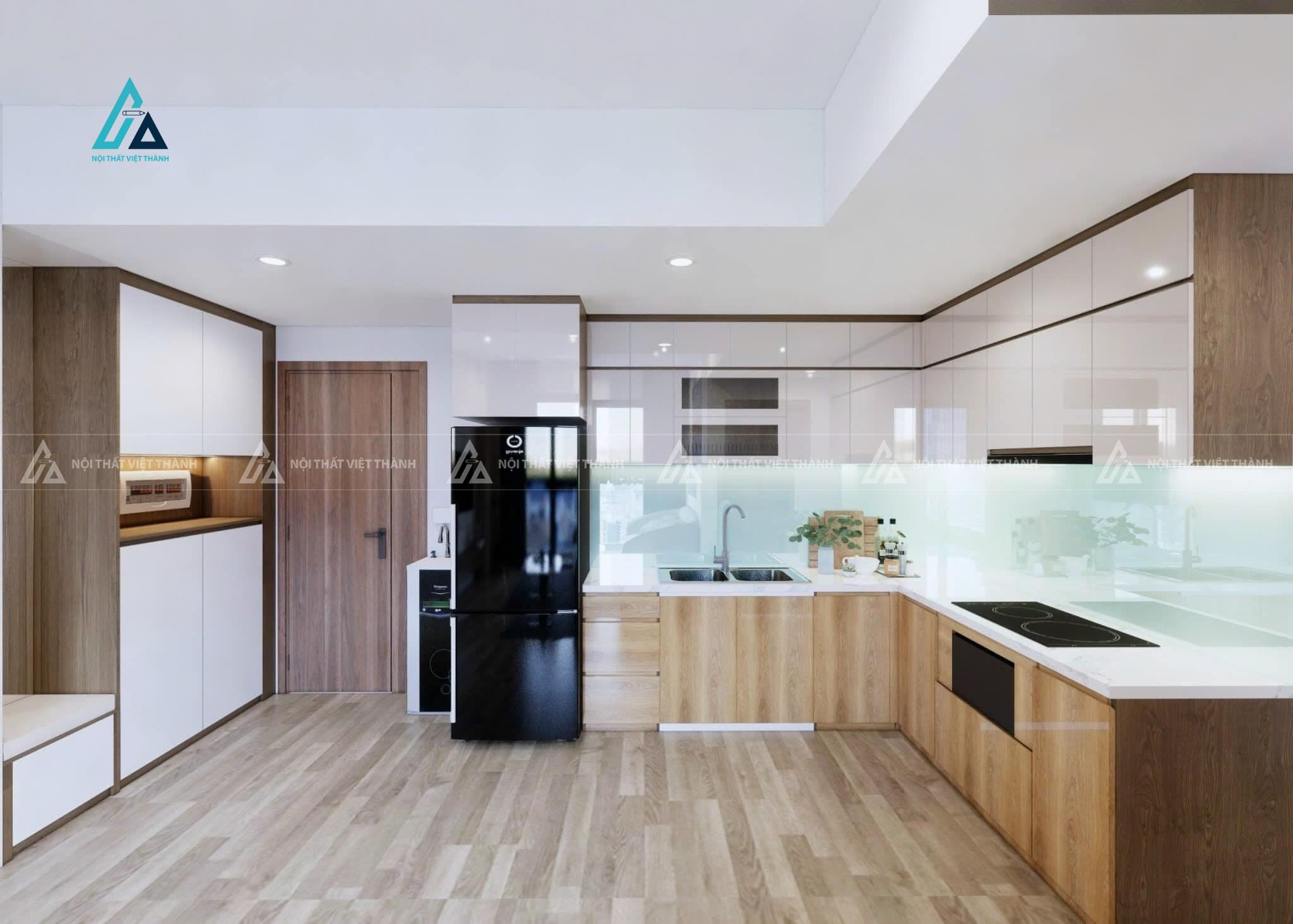 Mẫu thiết kế tủ bếp Acrylic trắng phối vân gỗ vàng