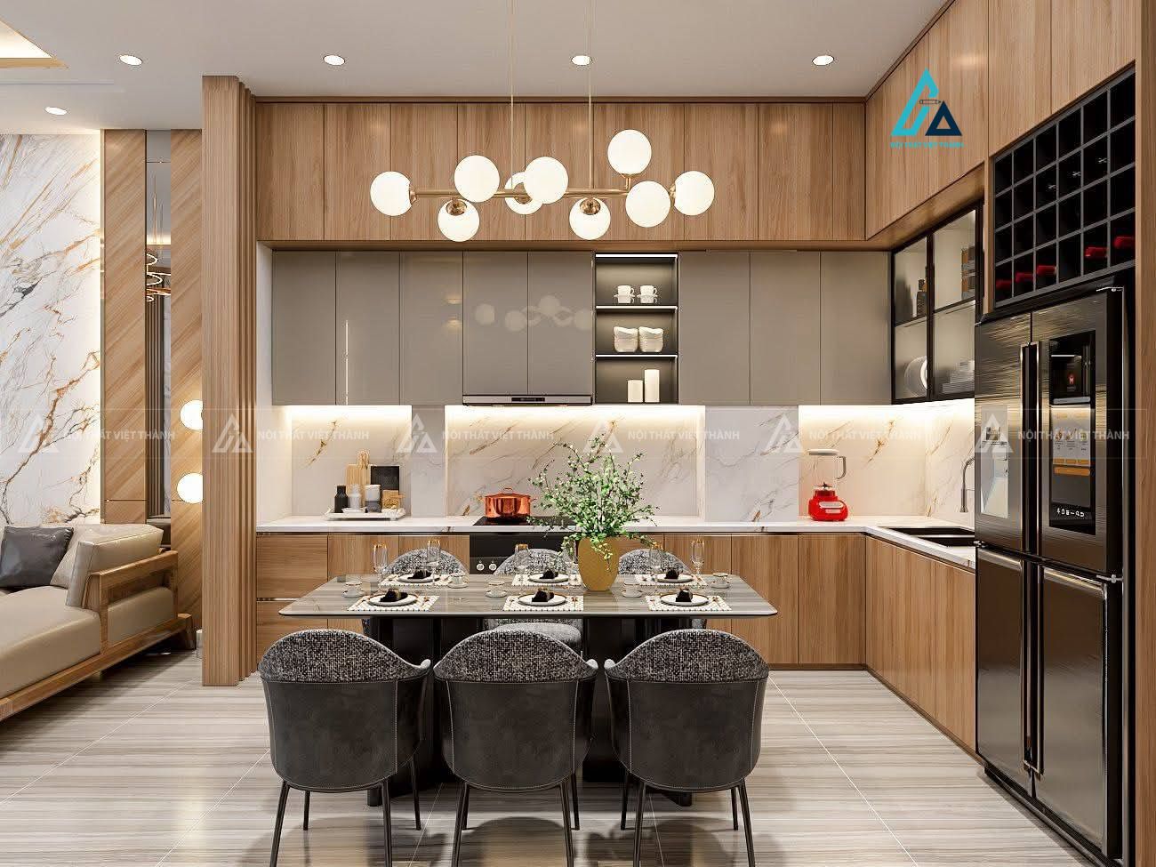 Mẫu thiết kế tủ bếp Acrylic xám phối tủ vân gỗ kịch trần