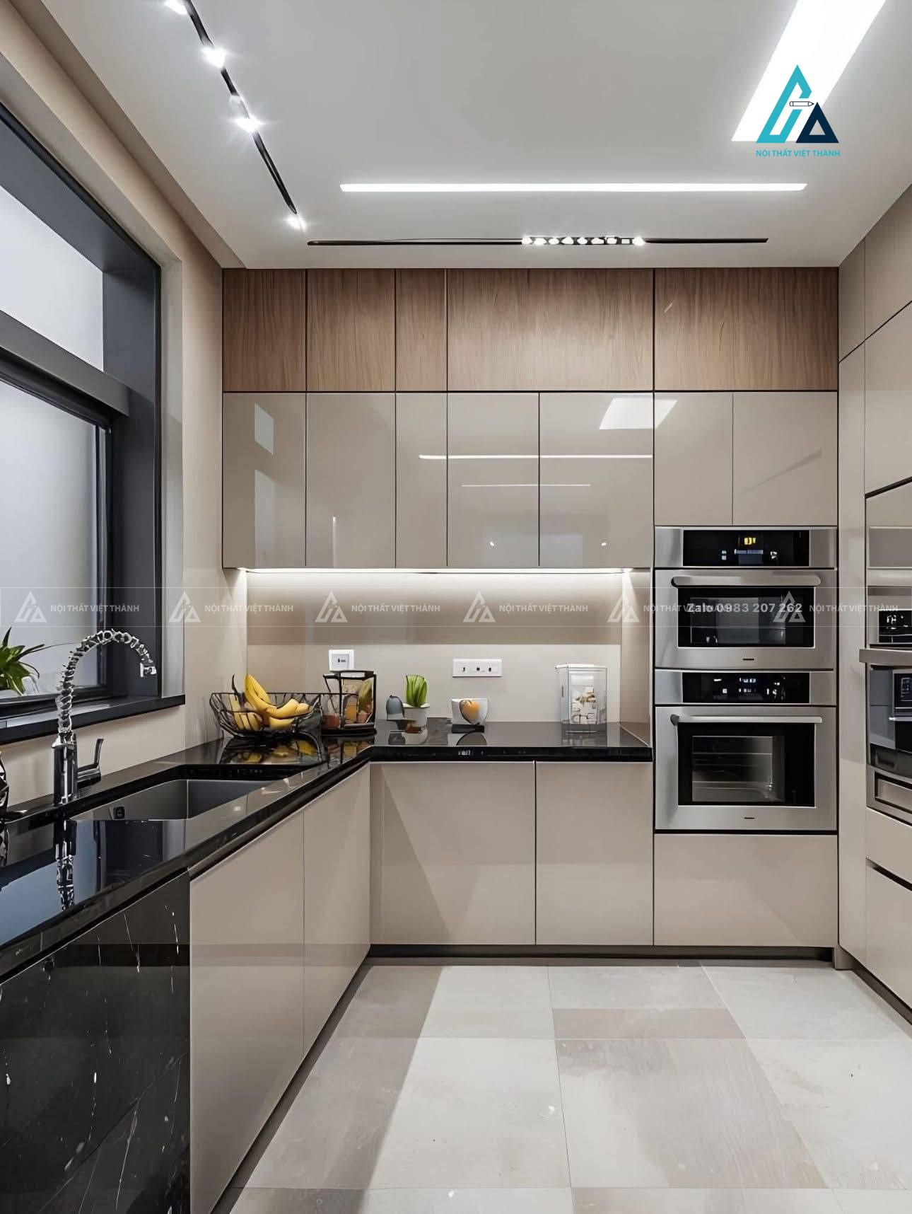 Mẫu thiết kế tủ bếp Acrylic màu be phối vân gỗ chữ L