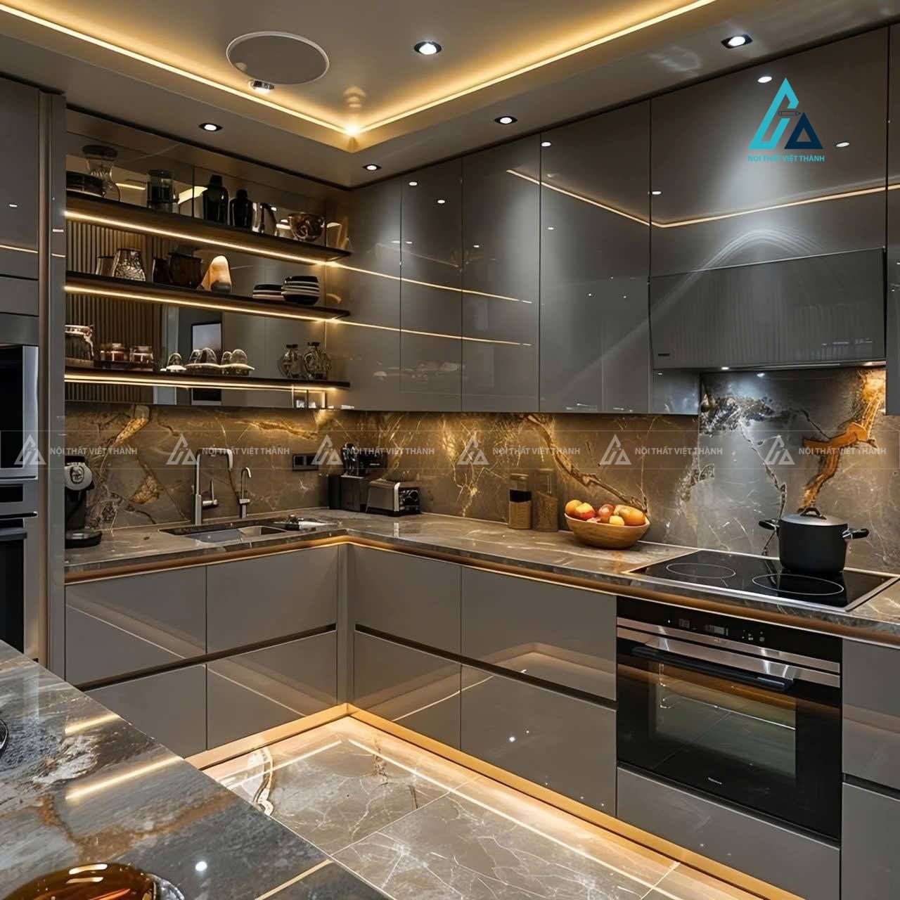 Mẫu thiết kế tủ bếp Acrylic xám chữ L phối đèn led vàng