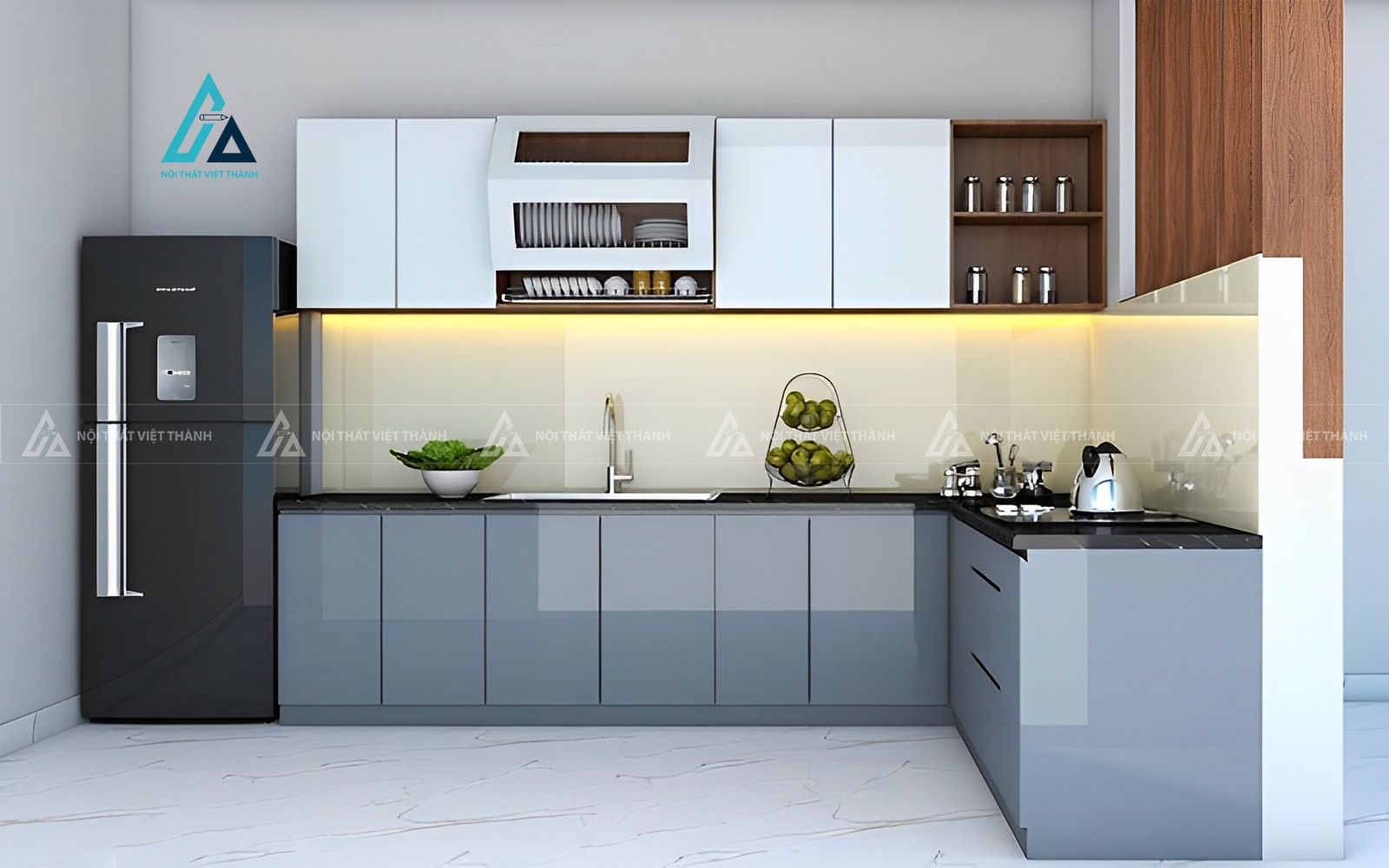 Mẫu thiết kế tủ bếp Acrylic xám trắng chữ L