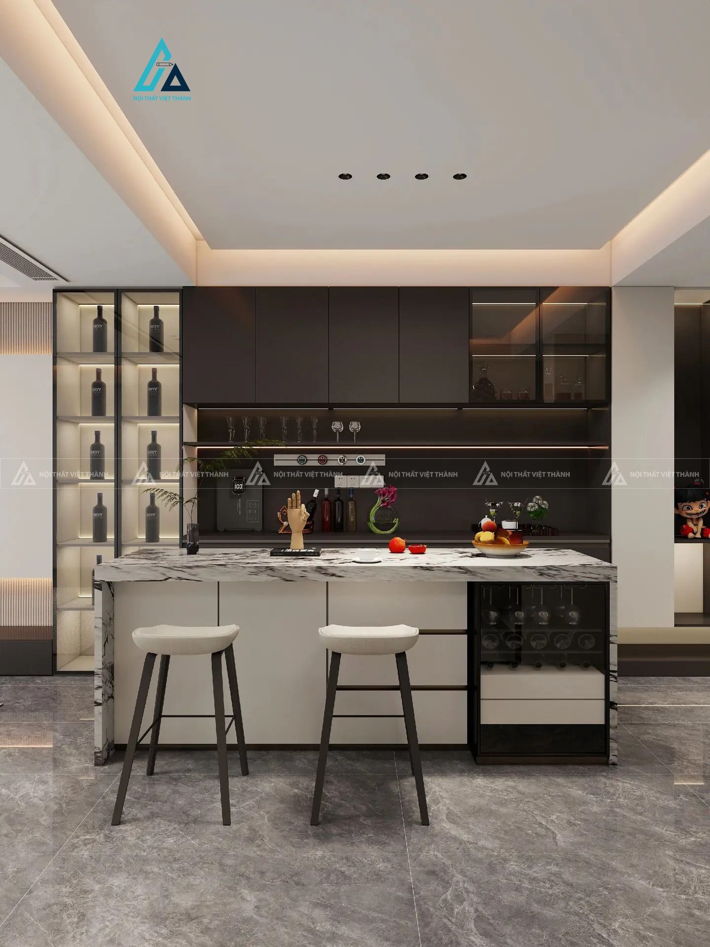 Mẫu thiết kế tủ bếp cánh kính đen hiện đại