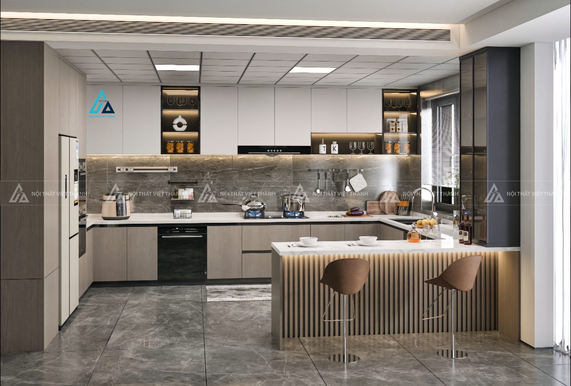 Mẫu thiết kế tủ bếp cánh kính nâu trắng có quầy bar