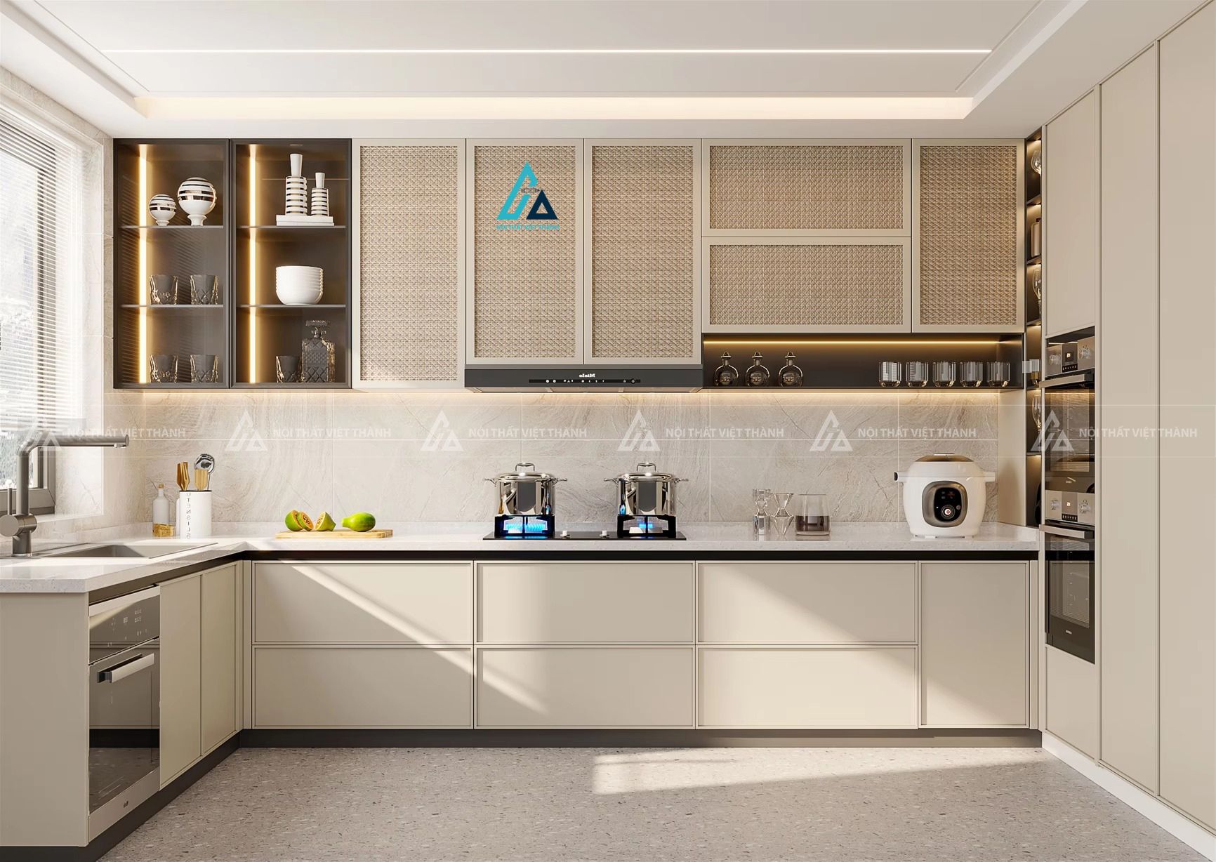 Mẫu thiết kế tủ bếp cánh kính be chữ L