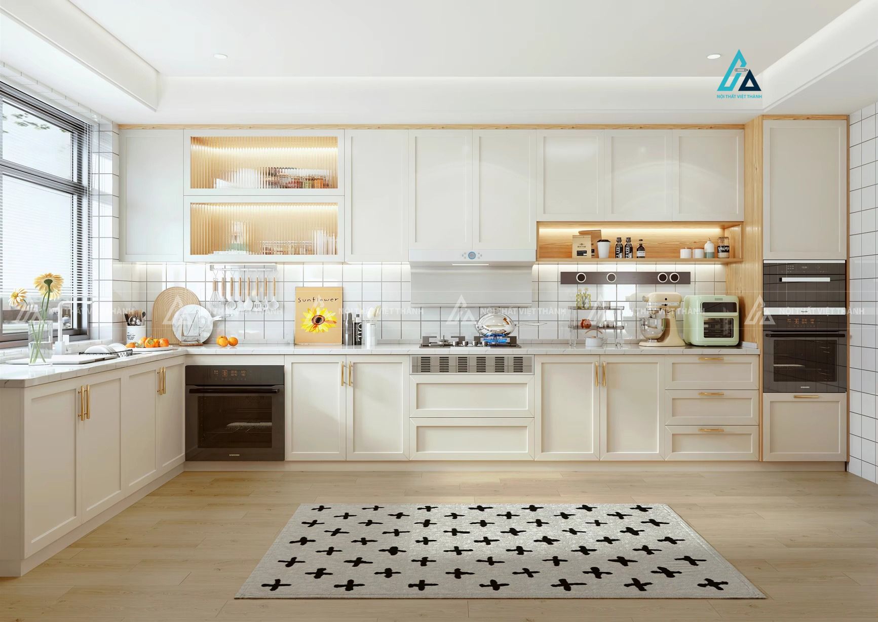 Mẫu thiết kế tủ bếp cánh kính màu be chữ L