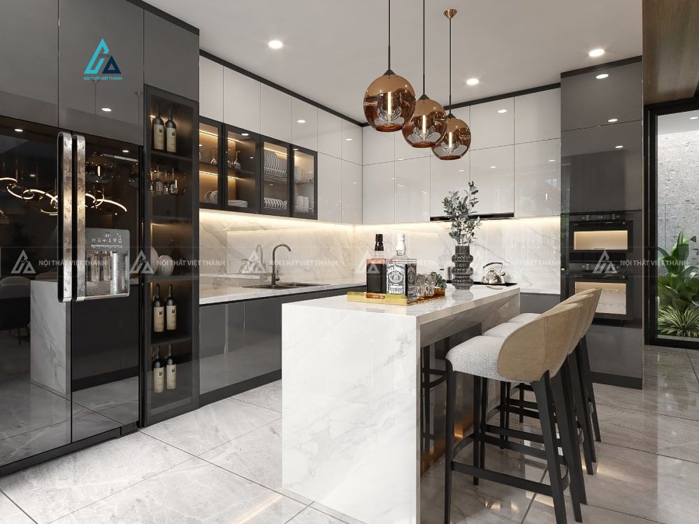 Mẫu thiết kế tủ bếp cánh kính trắng xám bóng kính chữ L
