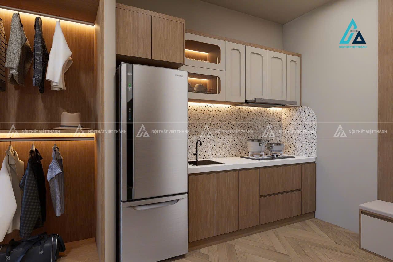 Mẫu thiết kế tủ bếp gỗ công nghiệp trắng nâu chữ I