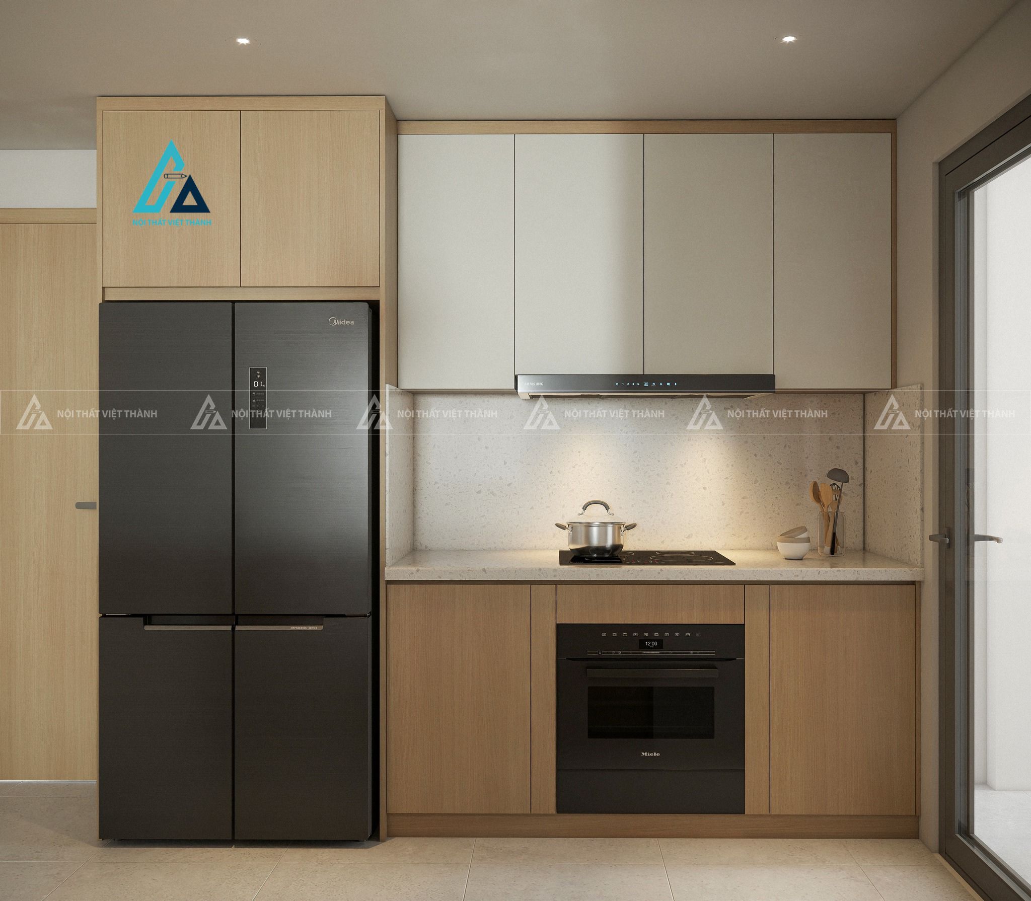 Mẫu thiết kế tủ bếp gỗ công nghiệp nâu be chữ I nhỏ gọn